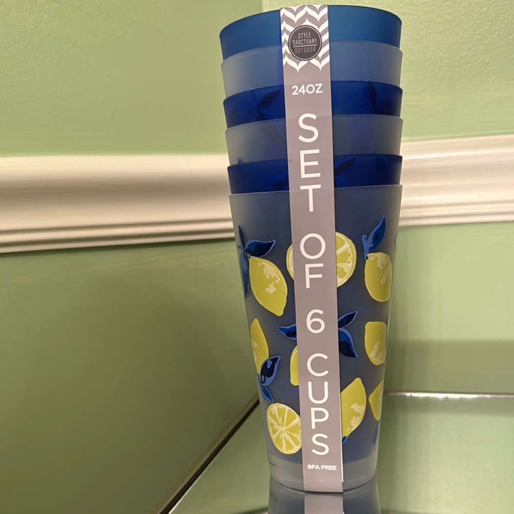 Stylish Blue Lemon Print Drinkware Set of 6 by